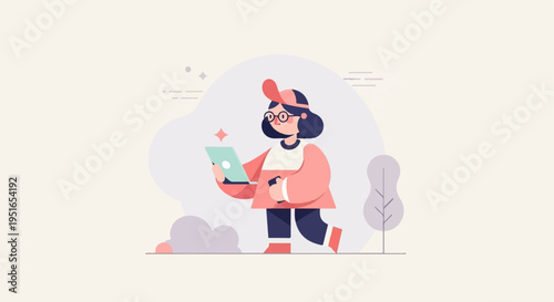 Cartoon person in casual outfit holding a tablet, walking outdoors