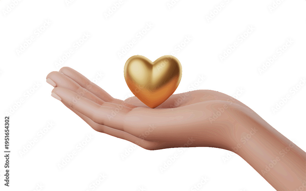 Fototapeta premium Gentle human hand delicately holding a shining golden heart, symbolizing love, care, generosity, and compassion, a powerful concept for themes of charity, health, and emotional connection, vector