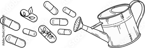 Line art of capsules with plant imagery and a watering can