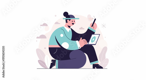 Person in a hat and teal shirt using a laptop and stylus