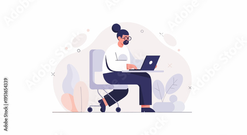 Person at desk working on laptop surrounded by abstract shapes and plants