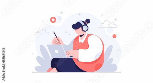 Person with headphones using a laptop and stylus with abstract background