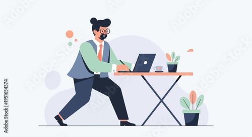 Man in suit working on laptop at desk with plants and coffee
