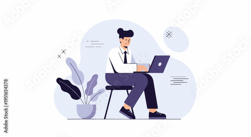 Man in formal wear sits on stool, typing on laptop, beside potted plant