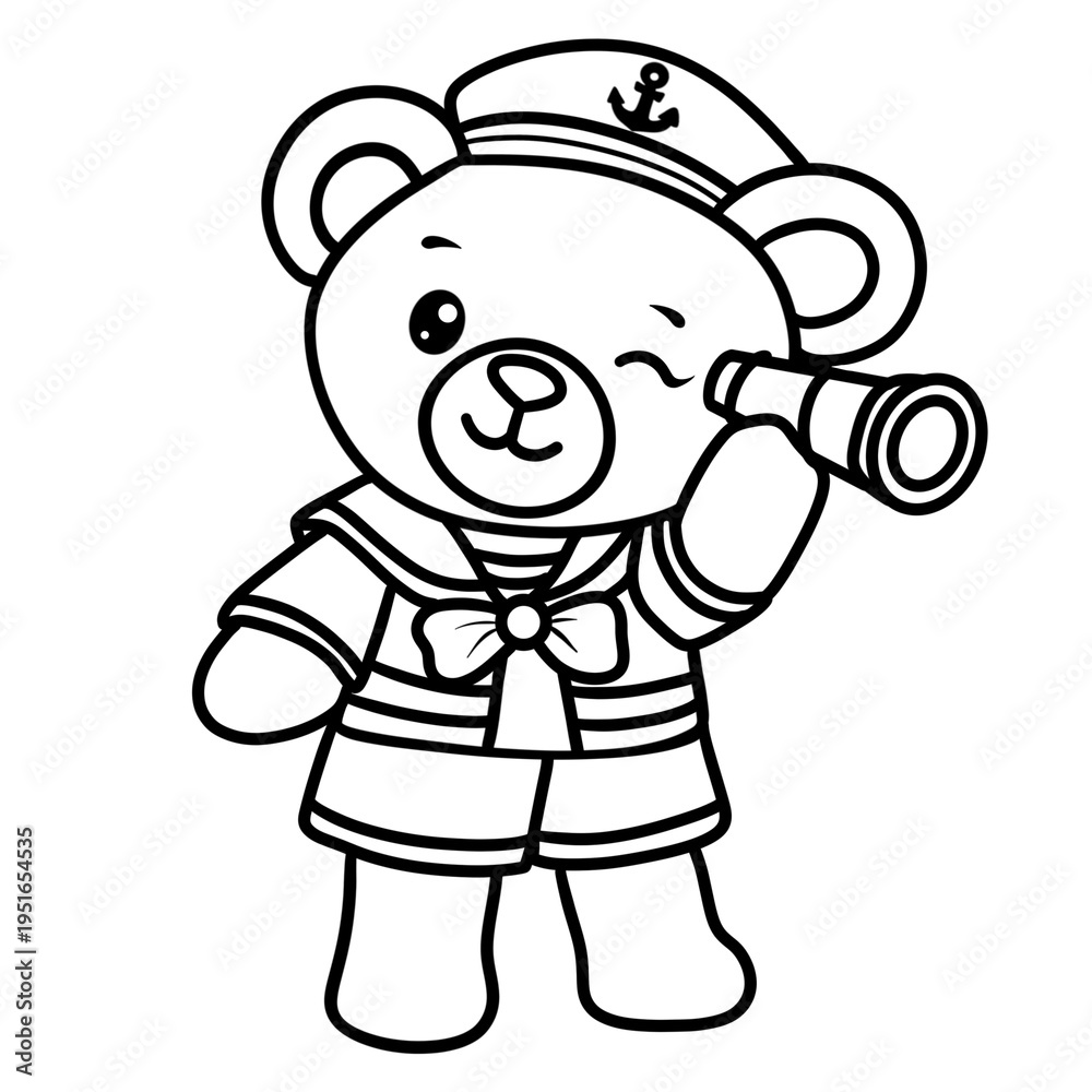 Fototapeta premium Cute Sailor Teddy Bear Black Doodle Outline Clipart.