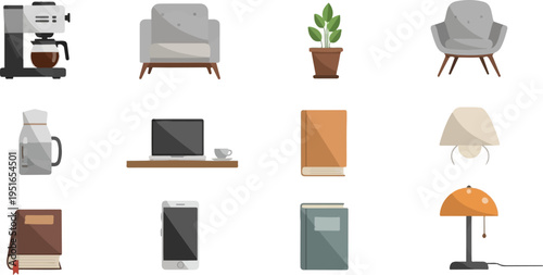 Collection of home and office items like a coffee maker, chairs, books, and electronics