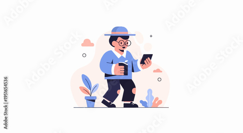 Person in hat walking while holding coffee and phone