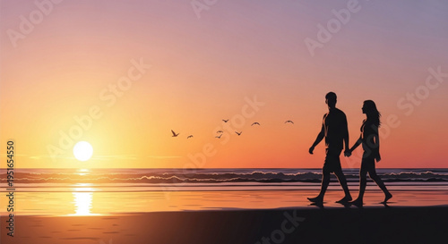 Silhouetted couple walking hand in hand on beach at vibrant sunset with ocean waves