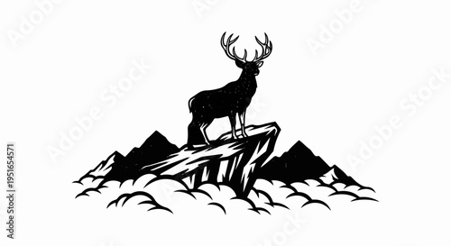 Majestic stag stands atop a craggy peak amidst mountain silhouettes