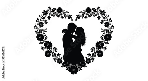 A couple embraces tenderly within a floral heart shaped frame creating a romantic and intimate scene silhouette high quality professional detailed modern