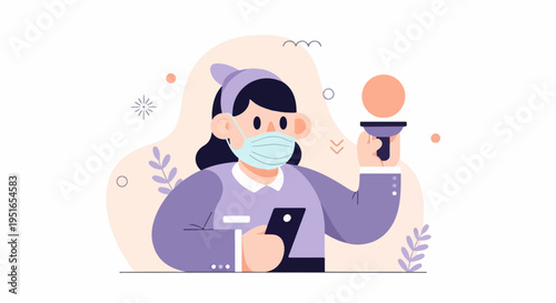 Illustrated reporter with face mask, phone, and microphone