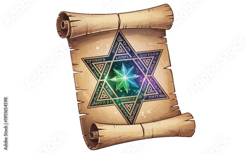Mystical scroll featuring a glowing star of david with arcane symbols, evoking magic and ancient lore, magic symbol, six pointed star