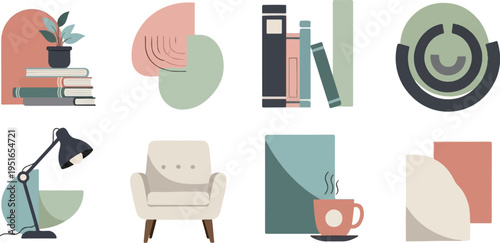 Minimalist collection of decor objects plant, books, chair, lamp, coffee