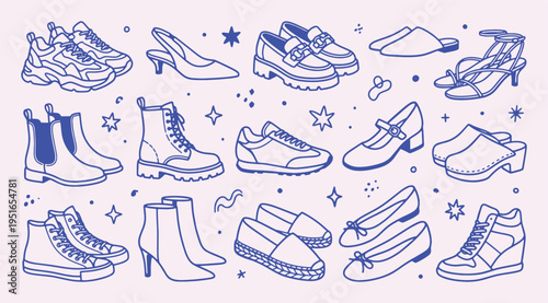Women footwear doodle collection with clean outline sketch. Sneakers, loafers, sandals, boots, clogs, espadrilles, heels. Stylish fashion elements for branding, packaging and coloring pages.