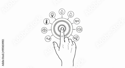 Finger pressing a central button with various icons of smart home functions