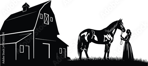 Silhouette of a woman with a horse standing in a field near a barn, countryside farm landscape vector illustration for rustic decor