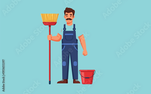Cleaner with broom and bucket ready for work, representing janitorial services and cleaning
