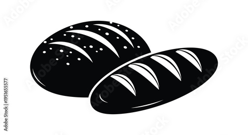 A black and white illustration depicts two loaves of bread with distinct scoring patterns rendered as a silhouette high quality professional