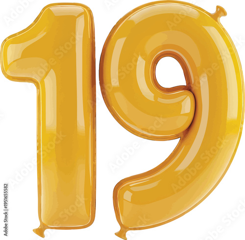 Shiny Golden Number 19 Balloon Isolated on a Transparent Background