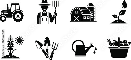 Agriculture and Farming Icon Set, Black Flat Vector Graphics for Agrotechnology Apps, Organic Farm Branding, Gardening Equipment Retail, and Sustainable Food Supply Chain Interface Design
