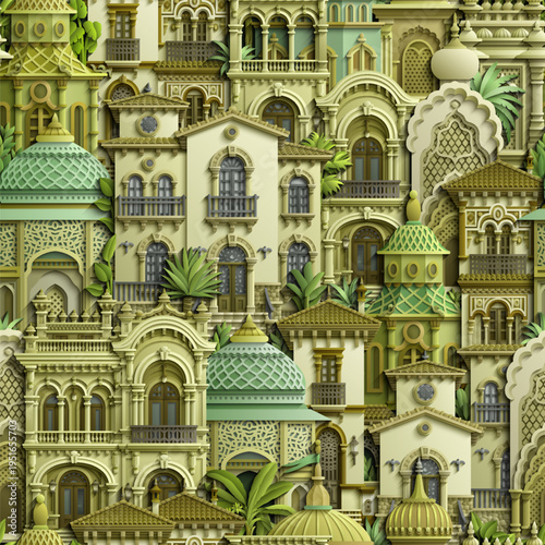 Seamless pattern of intricate papercut architecture featuring oriental domes, villas, and tropical palms. Elegant layered vector art with a 3D effect