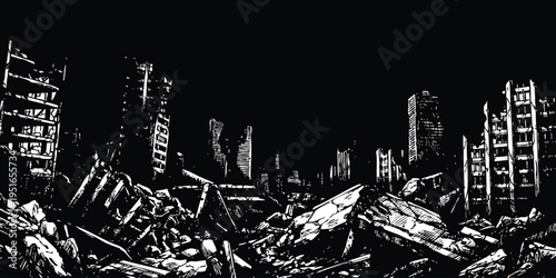 Post-apocalyptic ruined city landscape with destroyed buildings and rubble in high contrast black and white vector illustration style