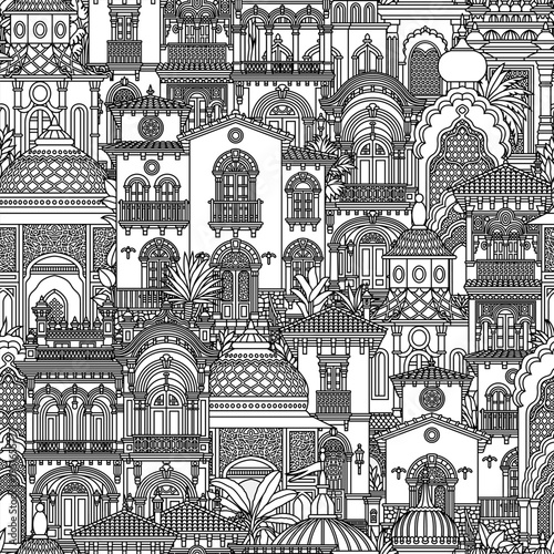 Sketchy vector seamless pattern of an oriental city with domes, towers, and minarets. Perfect for Arabian, Islamic, and fairytale themed designs