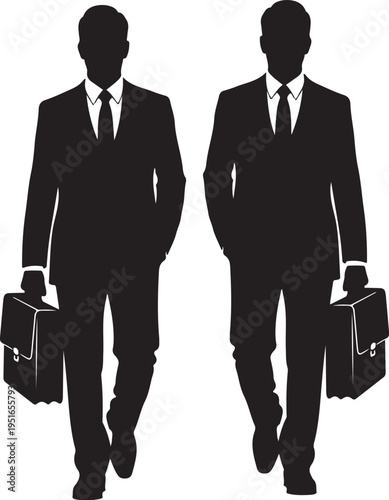 Two businessmen walking in silhouette isolated on transparent background
