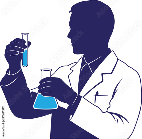 Silhouette of a scientist isolated on transparent background holding laboratory equipment