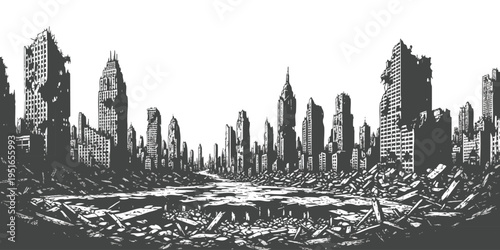 Post-apocalyptic panorama of a destroyed city landscape with ruined skyscrapers and rubble debris in black and white vector illustration style