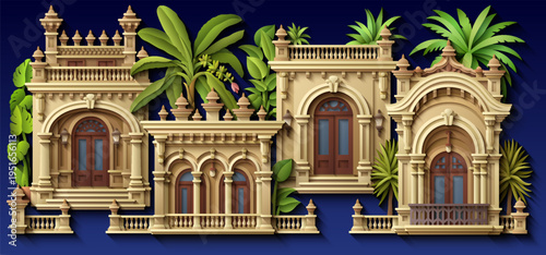 Papercut style vector of a Mediterranean villa with balconies, arches and lush tropical plants, layered paper look, elegant symmetrical architecture for modern design use