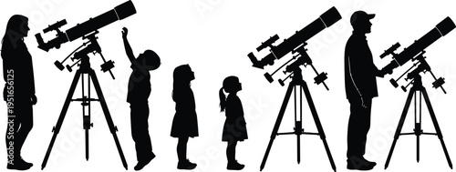 Silhouette of family with children using telescopes for stargazing and astronomy education isolated on white background for science and night sky exploration.