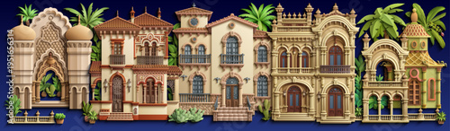 Papercut style vector of a Mediterranean villa with balconies, arches and lush tropical plants, layered paper look, elegant symmetrical architecture for modern design use