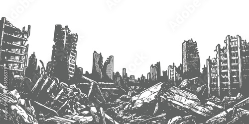 Post apocalyptic destroyed city ruins with abandoned skyscrapers and rubble in a hand drawn vector illustration sketch style
