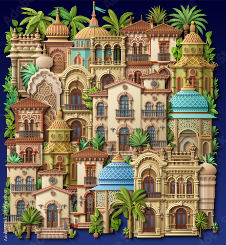 Intricate papercut vector art of a dense collection of eclectic, multi-domed architectural buildings, including mosques, palaces, and villas, surrounded by lush palm foliage