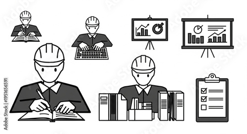 Illustrations of engineers working on projects and analyzing data.