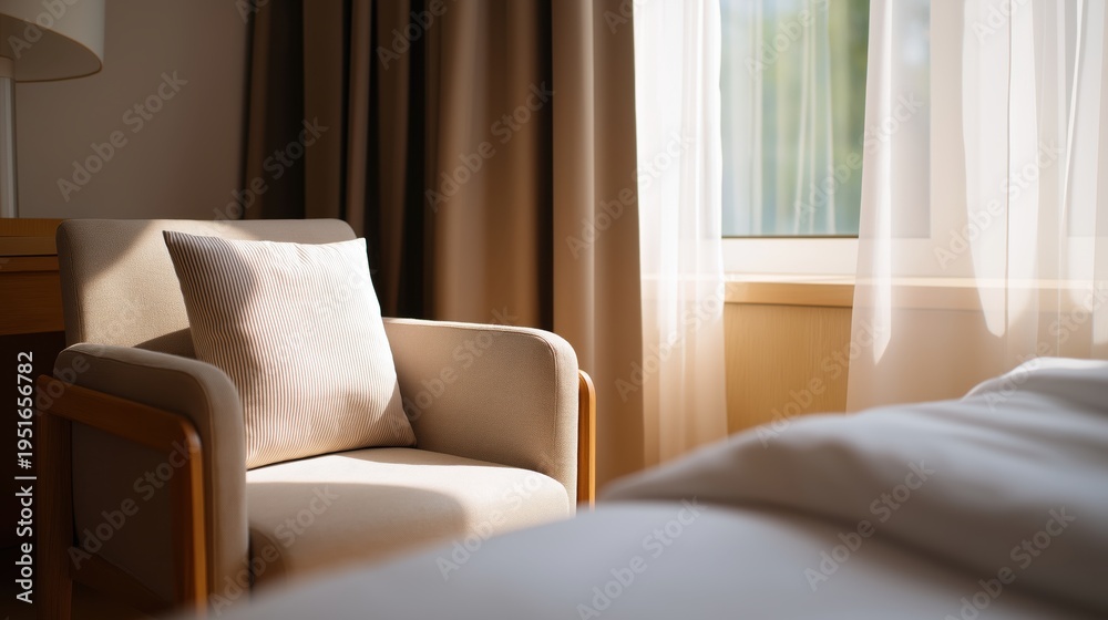 Fototapeta premium Cozy armchair with cushion beside window in softly lit room