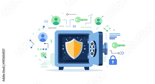Digital Security Data Protection Concept. Open Safe Vault with Shield Icon, Secure Storage, and User Access Management. Cybersecurity Illustration.