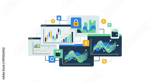 Secure Financial Trading Data Analysis Dashboard Vector Illustration. Stock Market Investment and Growth Monitoring Concept.