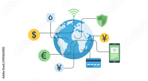 Global Digital Finance Network Illustration. Secure Worldwide Online Payments, Mobile Banking, International Transactions, and Fintech Connectivity.