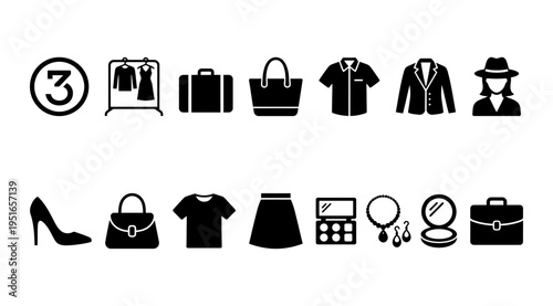 a collection of black silhouette icons representing fashion and lifestyle elements, suitable for use in design, branding, and marketing materials