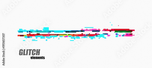 Abstract pixel glitch with thin red scanline, cyan blocks and right-side magenta cluster, fragmented streaks on transparency grid for cyberpunk overlays and headers, vector.