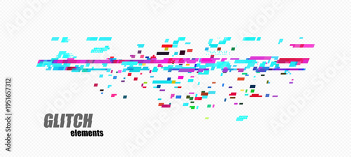 Abstract pixel glitch with a long magenta band across the center, cyan blocks and colorful fragments on checkerboard transparency grid for tech banners and overlays, vector.