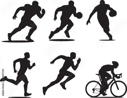 football player, basketball player, soccer player, two runners, and a cyclist. 