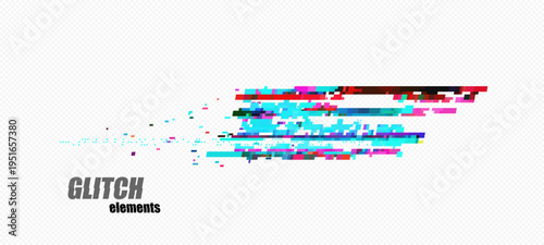 Abstract pixel glitch massed on the right with red top band and cyan layers, fading dots to the left on checkerboard transparency grid for tech banners and overlays, vector.