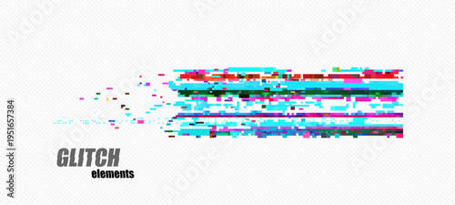 Abstract pixel glitch with stacked cyan bars and multicolor layers, dense horizontal bands and scattered debris on transparency grid for cyberpunk overlays and headers, vector.