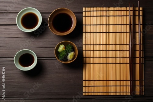 Flat lay top view of sushi bamboo mat 