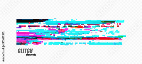 Abstract pixel glitch with dense cyan bands, magenta blocks, red stripe and a dark top-left block, noisy fragments on checkerboard transparency grid for tech overlays, vector.