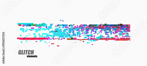 Abstract pixel glitch with heavy right cluster, magenta stripe and cyan blocks, scattered pixels on checkerboard transparency grid for cyberpunk banners and overlays, vector.