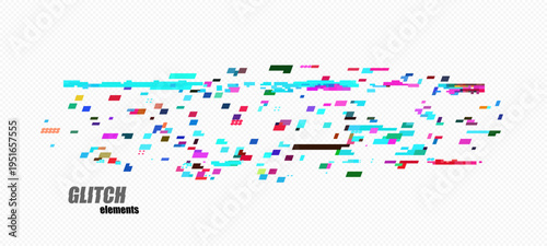 Abstract pixel glitch with sparse scattered fragments, small multicolor blocks and a few long cyan streaks on transparency grid for tech overlays and headers, vector.